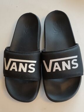 Vans Black Slides with White Logo Strap